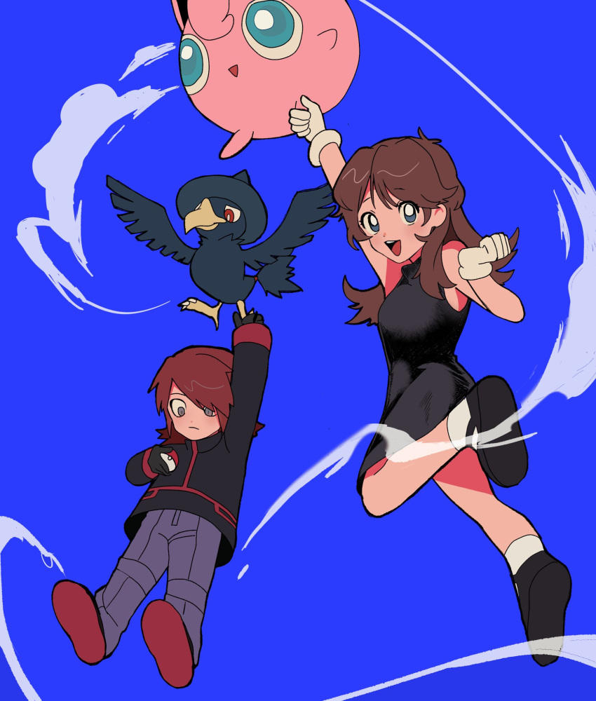 1boy 1girl :d arm_up bangs black_dress black_footwear black_gloves black_jacket blue_background brown_hair closed_mouth commentary_request dress from_below gloves green_(pokemon) grey_eyes grey_pants hand_up highres holding holding_pokemon jacket jigglypuff korean_commentary murkrow open_mouth pants pokemon pokemon_(creature) pokemon_adventures shoes short_hair silber_1224 silver_(pokemon) smile socks teeth tongue upper_teeth white_gloves white_legwear