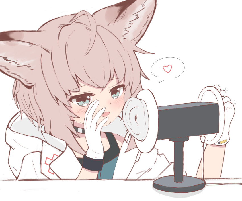 1girl :d absurdres ahoge animal_ear_fluff animal_ears arknights asmr bangs binaural_microphone black_choker blue_eyes blue_shirt blush brown_hair choker chrocatz commentary_request eyebrows_visible_through_hair fox_ears gloves heart highres hood hood_down hooded_jacket jacket looking_at_viewer open_clothes open_jacket shirt simple_background smile solo spoken_heart sussurro_(arknights) sweat upper_body white_background white_gloves white_jacket