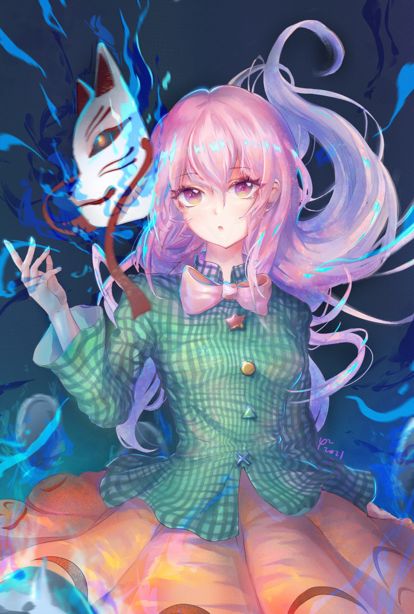 1girl :o absurdres blue_fire blue_nails bow bowtie circle commentary cowboy_shot cross dated eyebrows_visible_through_hair fingernails fire floating_hair fox_mask fuaisquare green_shirt hair_between_eyes hand_up hata_no_kokoro highres long_hair long_sleeves looking_at_viewer mask mixed-language_commentary nail_polish open_hand open_mouth orange_skirt pink_bow pink_bowtie pink_eyes pink_hair plaid plaid_shirt shirt signature skirt solo star_(symbol) touhou triangle