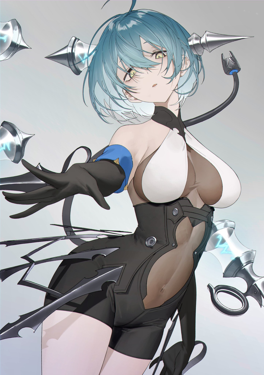 1girl ahoge aqua_hair bangs bare_shoulders black_gloves black_shorts bodystocking breasts cable cable_tail commentary covered_navel cowboy_shot elbow_gloves frankenstein_(masterwork_apocalypse) gloves gradient gradient_background grey_background hair_between_eyes halterneck high-waist_shorts highres kaoruko_(unkrk55) large_breasts looking_at_viewer masterwork_apocalypse mechanical_tail parted_lips shorts solo tail yellow_eyes