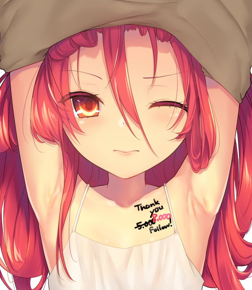 1girl armpits camisole closed_mouth forehead hair_over_one_eye highres long_hair looking_at_viewer ohlia one_eye_closed red_eyes redhead shakugan_no_shana shana simple_background solo undressing upper_body white_background white_camisole