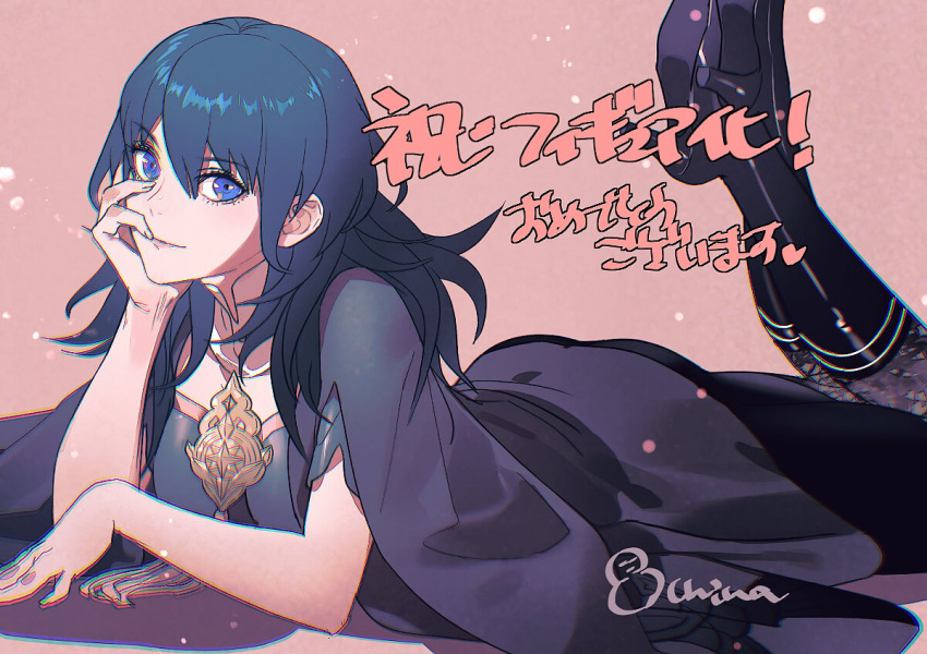 1girl ass bangs black_coat black_shorts blue_eyes blue_hair breasts bustier byleth_(fire_emblem) byleth_eisner_(female) coat crossed_legs fire_emblem fire_emblem:_three_houses hand_on_own_cheek hand_on_own_face high_heels kurahana_chinatsu long_sleeves lying medium_hair official_art on_stomach pantyhose patterned_clothing shorts smile solo third-party_source