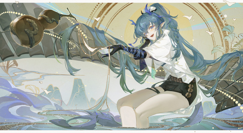 1girl :d absurdres arknights bangs bare_legs belt black_gloves black_shorts blue_eyes blue_hair blush braid coat crossed_legs cup dragon_girl dragon_horns dragon_tail earrings elbow_gloves eyebrows_visible_through_hair gloves gourd hand_on_own_cheek hand_on_own_face highres holding holding_cup horns jewelry ling_(arknights) long_hair looking_at_viewer mountainous_horizon open_clothes open_coat open_mouth pointy_ears shirt short_shorts shorts smile soaking_feet solo sun tail thigh_strap tuzhate very_long_hair water white_coat white_shirt