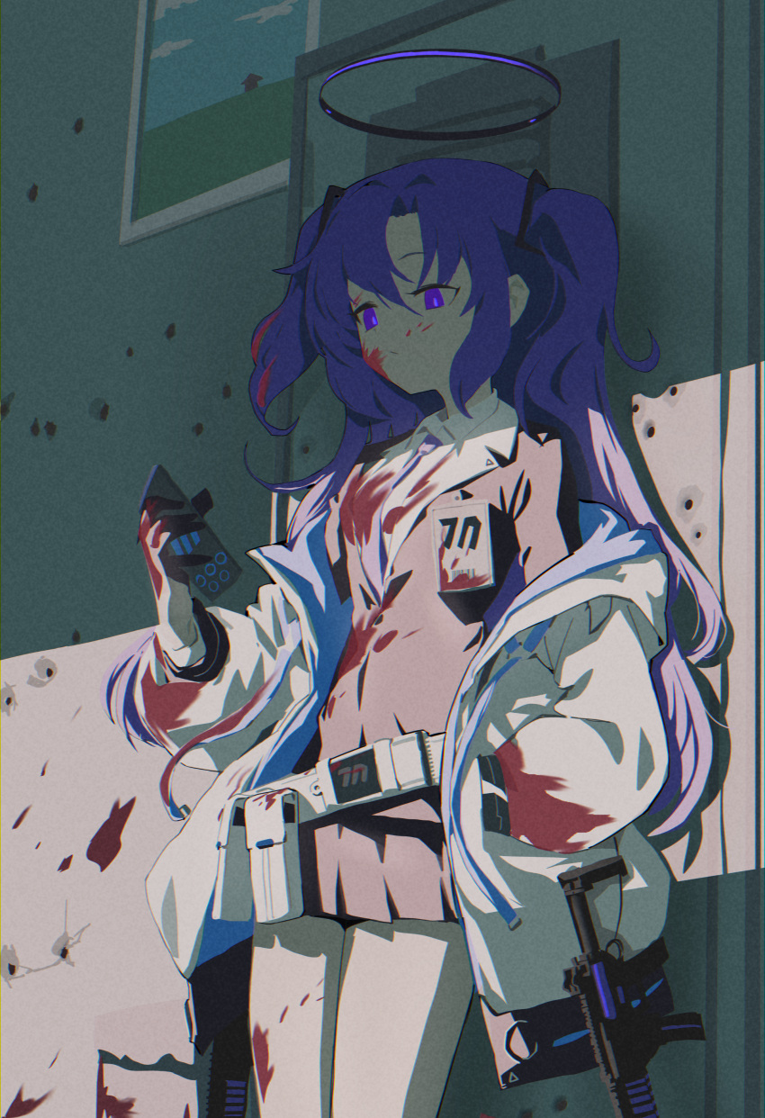 1girl absurdres belt blood blood_on_clothes blood_on_face blue_archive breasts cellphone gun halo highres holding jacket long_hair mia_(39565899) necktie off_shoulder phone pleated_skirt purple_hair sig_sauer sig_sauer_mpx skirt smartphone solo submachine_gun violet_eyes weapon yuuka_(blue_archive)