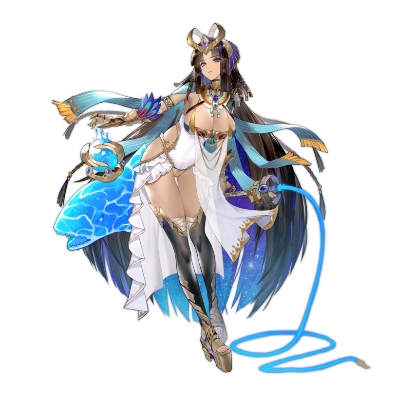 1girl anuket_(ark_order) ark_order armlet bandaged_leg bandages bangs black_hair black_legwear blue_cape blue_eyeshadow breasts cape dark_skin dress earrings egyptian_clothes eyeshadow fish gauntlets headdress highres holding holding_staff holding_whip jewelry large_breasts long_hair looking_at_viewer makeup official_art orb platform_footwear pppppan shark side_cutout solo staff tachi-e thigh-highs transparent_background very_long_hair water white_dress