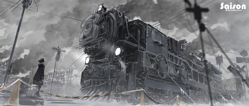1girl black_coat black_headwear blurry blurry_foreground boots cable clouds cloudy_sky coat commentary_request french_text from_behind from_side green_hair hat high_heel_boots high_heels highres light locomotive long_hair long_sleeves machinery original perspective ponytail railroad_tracks scenery size_difference sky smoke snow snowing solo standing steam steam_locomotive thigh-highs traffic_cone translated utility_pole wheel zebai7339 zettai_ryouiki