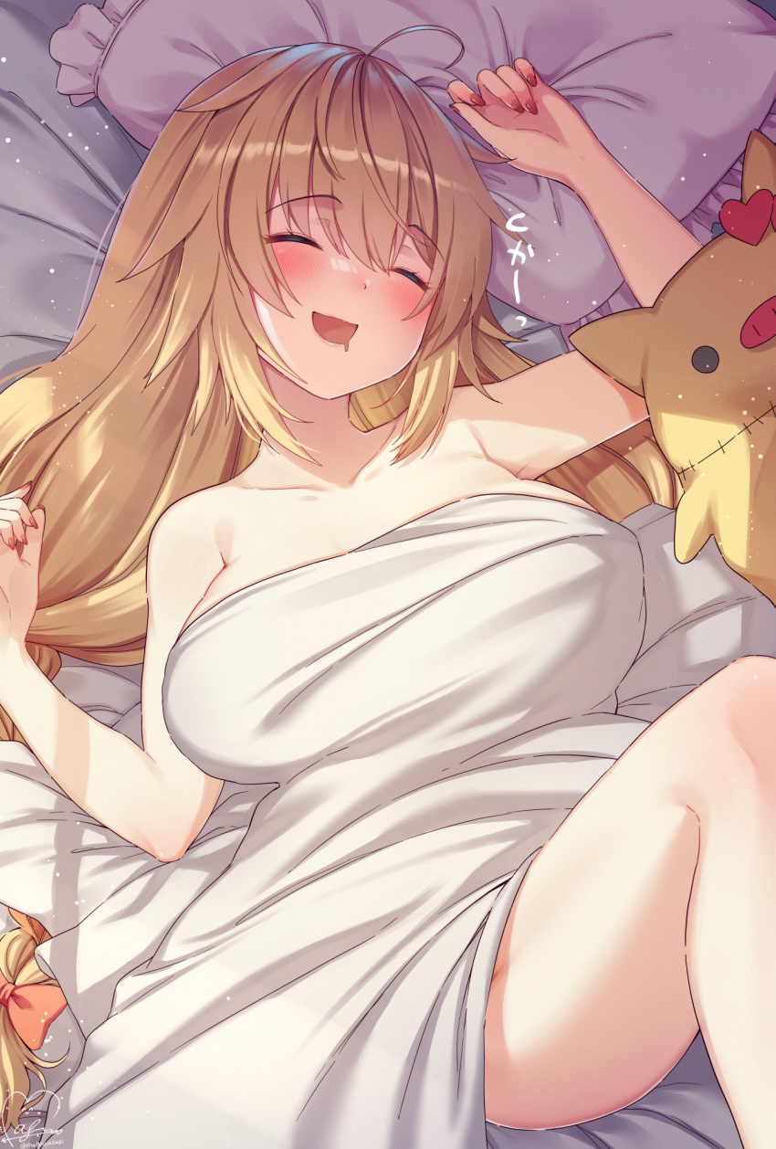 1girl :d ahoge akai_haato bangs blonde_hair blush breasts closed_eyes commentary_request drooling eyebrows_visible_through_hair haaton_(akai_haato) highres hololive large_breasts light_particles long_hair lying magowasabi mouth_drool on_back pillow red_nails signature sleeping smile solo thigh-highs translation_request twitter_username under_covers very_long_hair virtual_youtuber