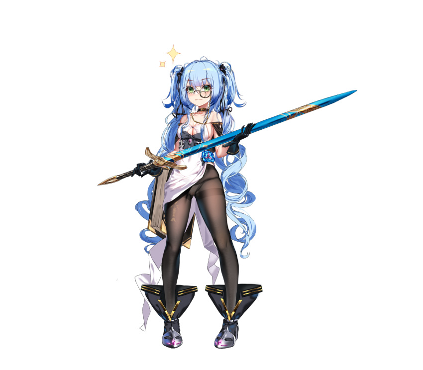 1girl :3 ark_order belt black_footwear black_legwear blue_hair boots breasts bubble choker dress fang finn_eces_(ark_order) fish_hair_ornament fish_tattoo gold_trim green_eyes hair_ornament holding holding_sheath holding_sword holding_weapon jellyfish long_hair low_twintails monocle official_art panties panties_under_pantyhose pantyhose sheath sheathed solo sparkle starfish sword tachi-e tattoo transparent_background twintails two_side_up underwear very_long_hair wavy_hair weapon white_dress white_panties you_ni_ge_shaobing