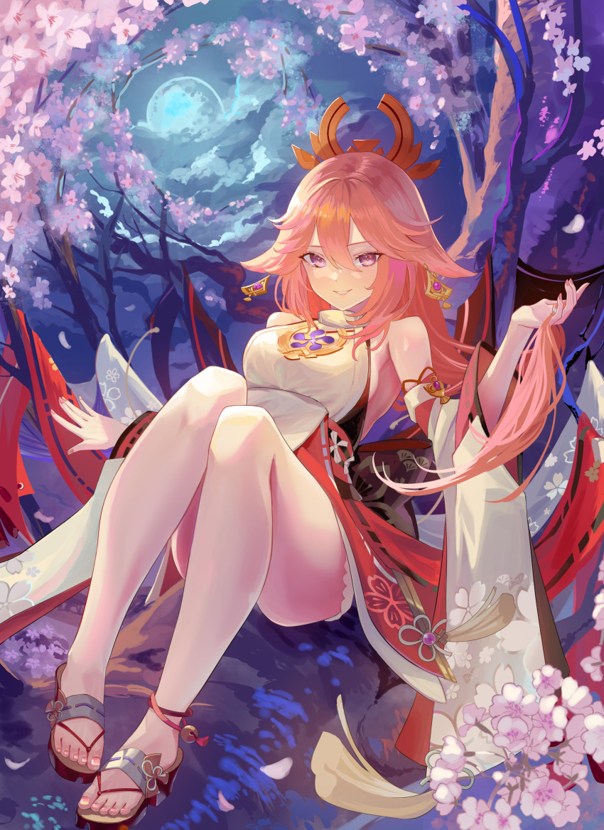 1girl absurdres breasts flower full_body genshin_impact hair_ornament half-closed_eyes hand_in_hair highres ito_lab japanese_clothes medium_breasts miko pink_hair smile solo toeless_legwear violet_eyes wide_sleeves yae_miko
