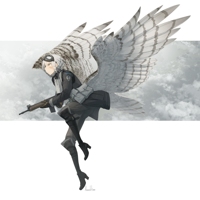 1girl asterisk_kome battle_rifle bird_tail bird_wings boots burn_scar clouds commentary_request flying fn_fal frances_royce goggles goggles_on_head grey_jacket grey_pants grey_sky gun highres holding holding_gun holding_weapon jacket military pants rifle scar scar_on_face short_hair signature tagme tail weapon white_hair white_wings winged_fusiliers wings