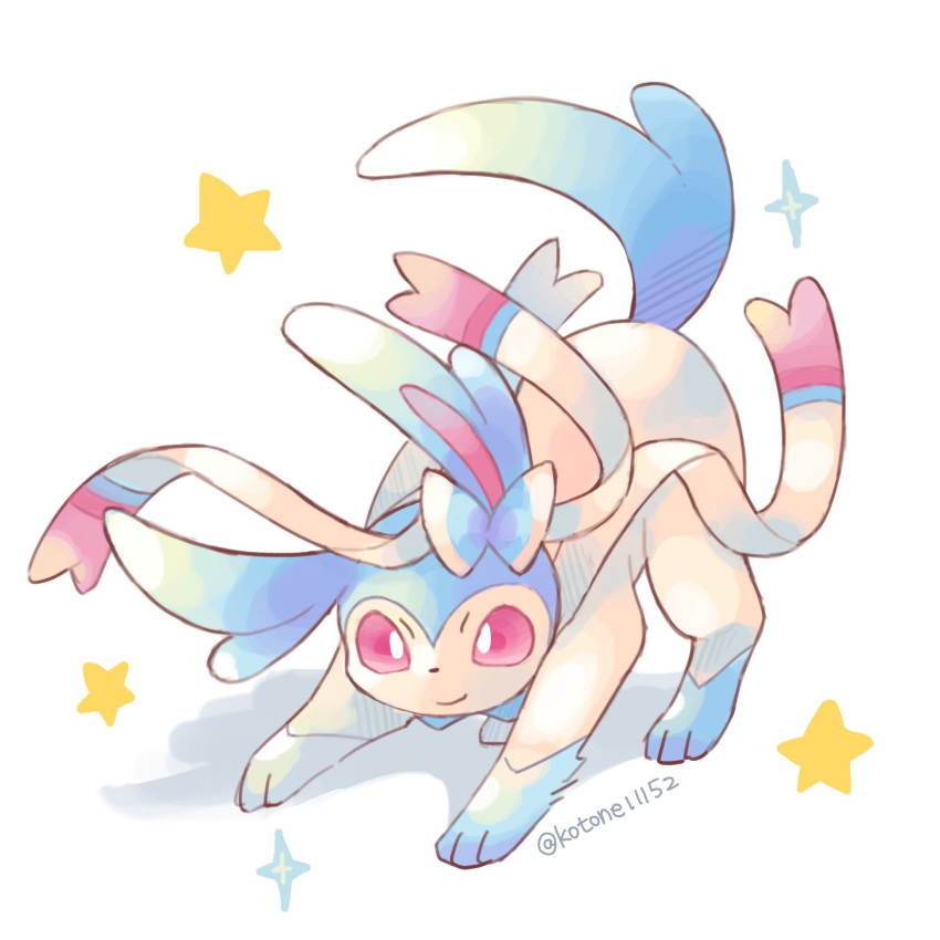 alternate_color closed_mouth commentary_request full_body highres kotone11152 no_humans pink_eyes pokemon pokemon_(creature) shiny_pokemon smile solo star_(symbol) sylveon toes top-down_bottom-up twitter_username white_background