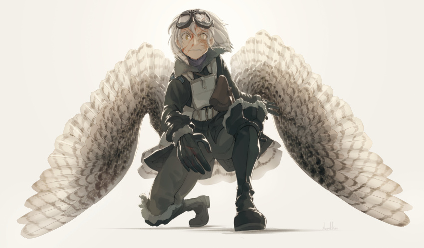 1girl absurdres asterisk_kome bird_tail bird_wings blood blood_on_face boots broken_eyewear burn_scar commentary_request frances_royce goggles goggles_on_head highres kneeling low_wings military military_coat scar scar_on_face short_hair signature tail white_hair winged_fusiliers wings