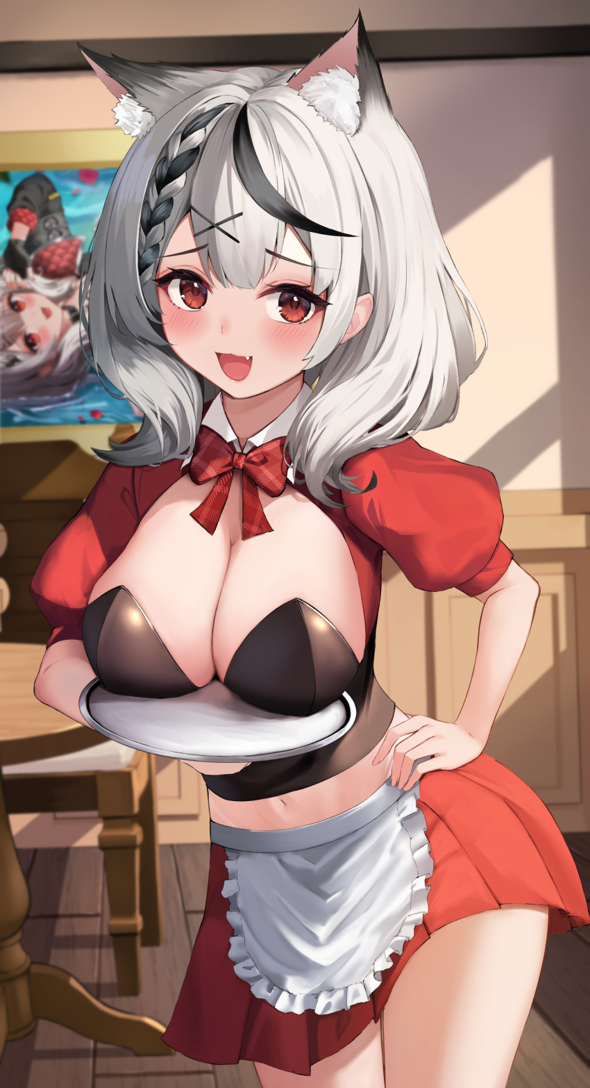 :d absurdres animal_ears apron bow bowtie breasts breasts_on_tray cat_ears highres hololive large_breasts multicolored_hair puffy_short_sleeves puffy_sleeves red_bow red_bowtie red_skirt sakamata_chloe short_sleeves skirt smile streaked_hair suiran_(liquiddoes) virtual_youtuber white_apron