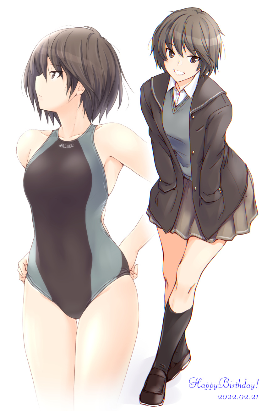 1girl amagami bangs black_footwear black_hair black_swimsuit breasts closed_mouth commentary_request competition_swimsuit covered_navel dated full_body grin hands_in_pockets hands_on_hips happy_birthday highres kibito_high_school_uniform kneehighs loafers looking_at_viewer multiple_views nanasaki_ai one-piece_swimsuit sasaki_akira_(ugc) school_uniform shoes smile standing swimsuit