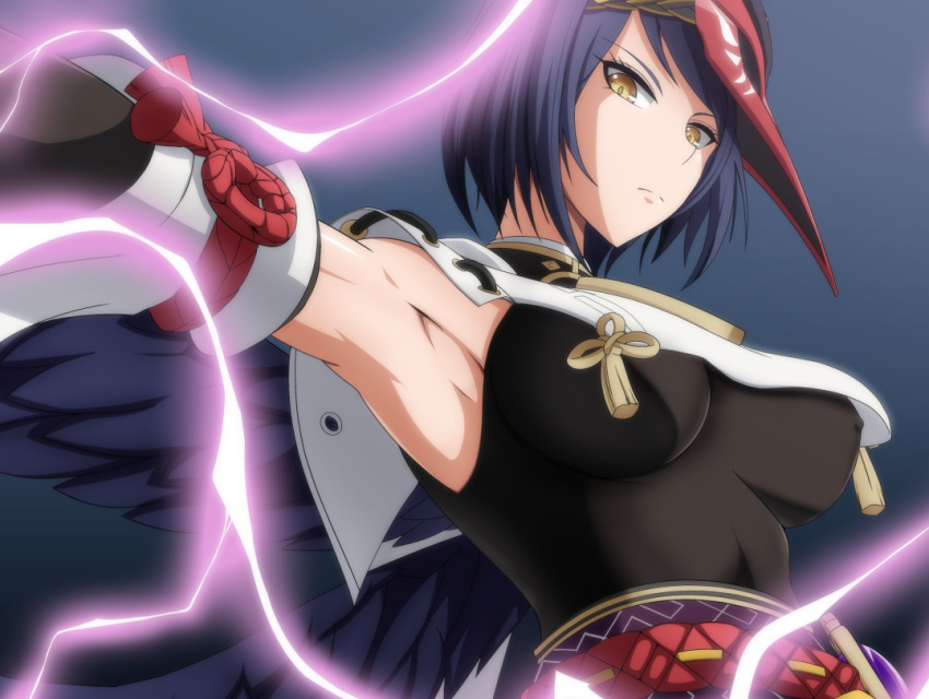 1girl armpits bare_shoulders black_bodysuit bodysuit breasts covered_nipples detached_sleeves electricity feathered_wings feathers genshin_impact half-closed_eyes kujou_sara large_breasts looking_at_viewer makiri_akira mask mask_on_head outstretched_arm short_hair sleeveless solo tengu_mask upper_body wide_sleeves wings yellow_eyes