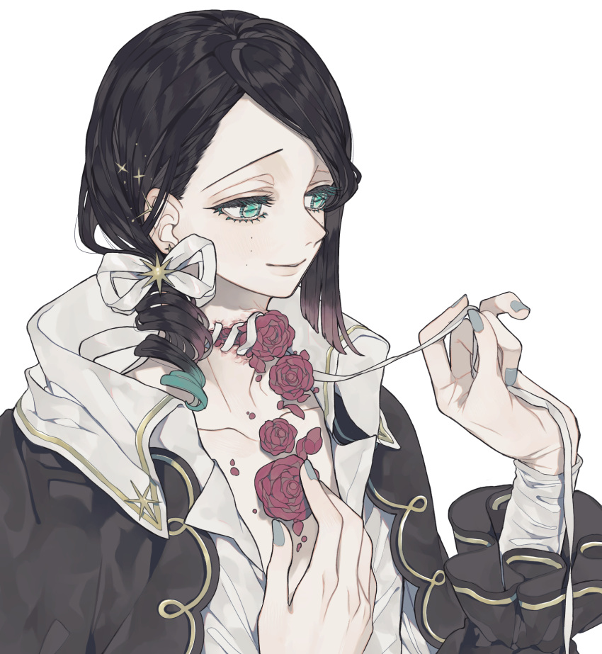 1boy alternate_costume alternate_hairstyle asymmetrical_hair black_hair colored_tips curly_hair cuts deep_wound don_(macaron_panda13) enmu_(kimetsu_no_yaiba) eyelashes flower green_eyes green_hair green_nails grey_nails hair_ornament hair_ribbon hands_up highres holding injury kimetsu_no_yaiba long_sleeves looking_at_viewer male_focus mole mole_under_eye multicolored_hair petals rectangular_pupils red_flower red_rose redhead ribbon rose side_ponytail simple_background smile solo sparkle streaked_hair untying upper_body white_background