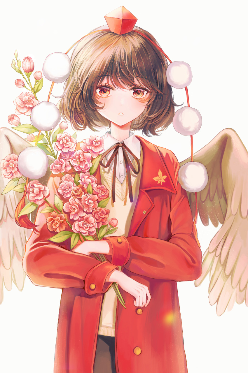 1girl absurdres alternate_costume bangs blush brown_hair brown_ribbon coat eyebrows_visible_through_hair flower flower_request hat highres holding holding_flower hourai_kiriri long_sleeves looking_at_viewer parted_lips pink_flower pom_pom_(clothes) red_coat red_eyes red_headwear ribbon shameimaru_aya short_hair simple_background solo tokin_hat touhou upper_body white_background wing_collar