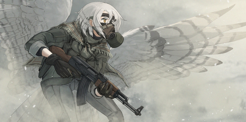 1girl absurdres ak-47 assault_rifle asterisk_kome bird_tail bird_wings commentary_request frances_royce gas_mask gloves green_jacket grey_pants gun highres holding holding_weapon jacket kalashnikov_rifle low_wings mask military military_jacket pants rifle shawl short_hair tail weapon white_hair white_wings winged_fusiliers wings