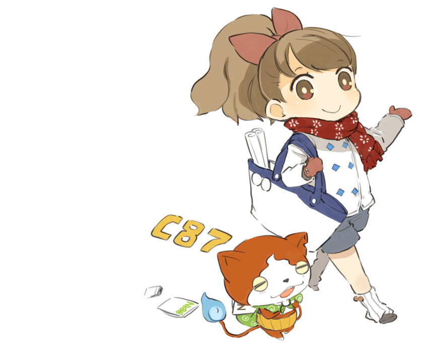 1girl brown_eyes brown_hair closed_mouth flame-tipped_tail full_body gloves hair_ribbon high_ponytail highres jibanyan kodama_fumika long_hair looking_at_viewer mota ribbon scarf shorts simple_background white_background winter_clothes youkai_watch