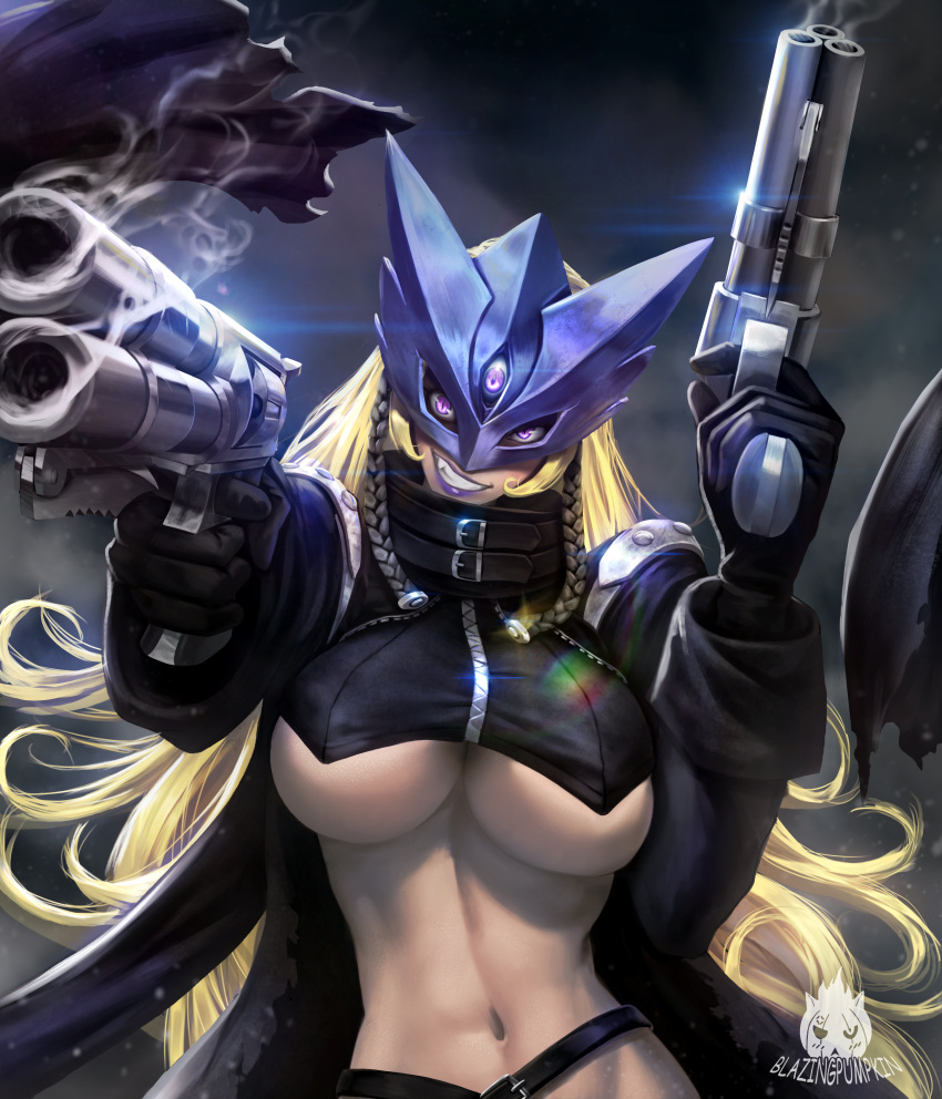 1girl abs absurdres aiming arm_up artist_logo beelstarmon belt black_coat black_gloves black_hair blazingpumpkin blonde_hair braid breasts coat demon_girl digimon digimon_(creature) dual_wielding evil_grin evil_smile eye_mask fang foreshortening gloves grin gun hand_up handgun highres holding holding_gun holding_weapon large_breasts lens_flare lipstick long_hair long_sleeves looking_at_viewer makeup mask midriff multicolored_hair navel open_clothes open_coat outstretched_arm purple_lips slit_pupils smile smoke solo stomach teeth third_eye toned twin_braids two-tone_hair under_boob upper_body very_long_hair violet_eyes watermark weapon zipper