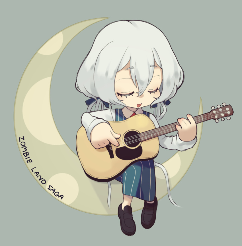 1girl :d acoustic_guitar bangs blue_ribbon blue_vest chibi closed_eyes commentary_request crescent_moon eyebrows_visible_through_hair grey_background guitar hair_between_eyes hair_ribbon instrument konno_junko moon music open_mouth plaid plaid_vest playing_instrument ribbon shirt short_hair_with_long_locks simple_background sitting smile solo vest white_shirt yoruniyoruyoshi zombie_land_saga