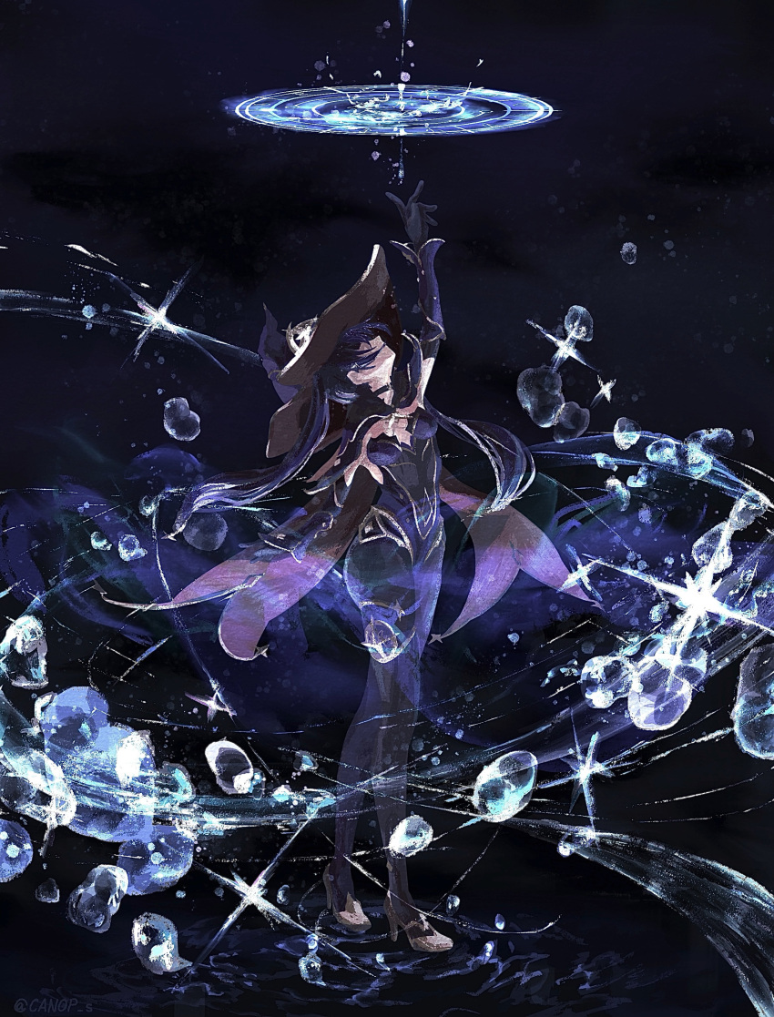 1girl absurdres arm_up black_background black_choker black_gloves bodystocking bodysuit bodysuit_under_clothes canop_s casting_spell choker elbow_gloves genshin_impact gloves gold_trim hat hat_ornament high_heels highleg highleg_leotard highres leotard looking_up magic mona_(genshin_impact) pantyhose purple_hair purple_headwear purple_leotard solo spell thighlet twintails water water_drop witch witch_hat