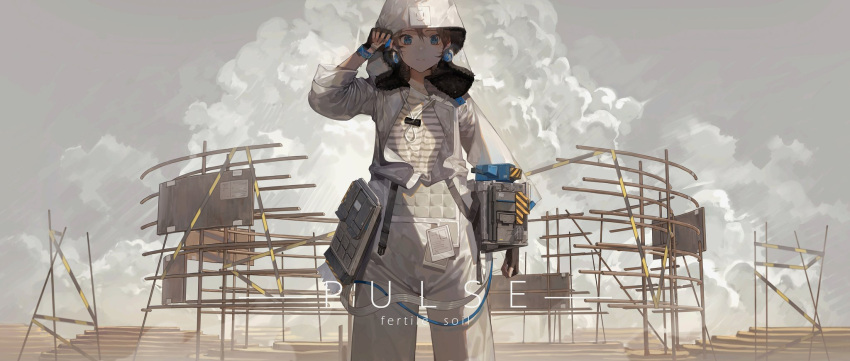 1girl bangs blue_eyes bodysuit brown_hair clouds cloudy_sky collarbone commentary_request english_text fingerless_gloves gloves grey_shirt grey_sky hair_between_eyes hand_up highres hood looking_at_viewer machinery open_clothes original parted_lips plateau pole scaffolding scenery shirt sky smiley_face solo striped striped_shirt white_shirt wiping_sweat zebai7339