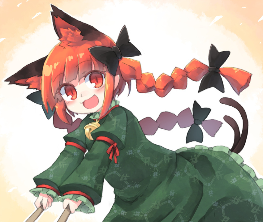 1girl animal_ear_fluff animal_ears bangs bell black_bow blunt_bangs bow braid cat_day cat_ears cat_tail commentary dress extra_ears eyebrows_visible_through_hair frills green_dress hair_bow juliet_sleeves kaenbyou_rin kibisake long_hair long_sleeves looking_at_viewer multiple_tails nekomata open_mouth outstretched_arms pointy_ears puffy_sleeves pushing red_eyes redhead slit_pupils smile solo tail touhou twin_braids twintails two_tails upper_body