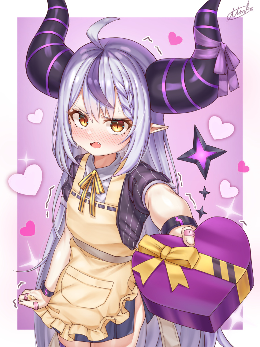 absurdres ahoge alternate_costume apron apron_tug asmr bandaid blush box casual chocolate clothes_tug collared_shirt demon_girl demon_horns fang from_above gift heart-shaped_box highres hololive holox horn_ornament horn_ribbon horns la+_darknesss long_hair looking_at_viewer miko_no_kamiko miniskirt multicolored_hair neck_ribbon nervous open_mouth pleated_skirt pointy_ears purple_hair reaching_out ribbon shirt short_sleeves signature silver_hair simple_background skirt streaked_hair striped striped_horns striped_shirt trembling upturned_eyes valentine very_long_hair virtual_youtuber wristband yellow_eyes