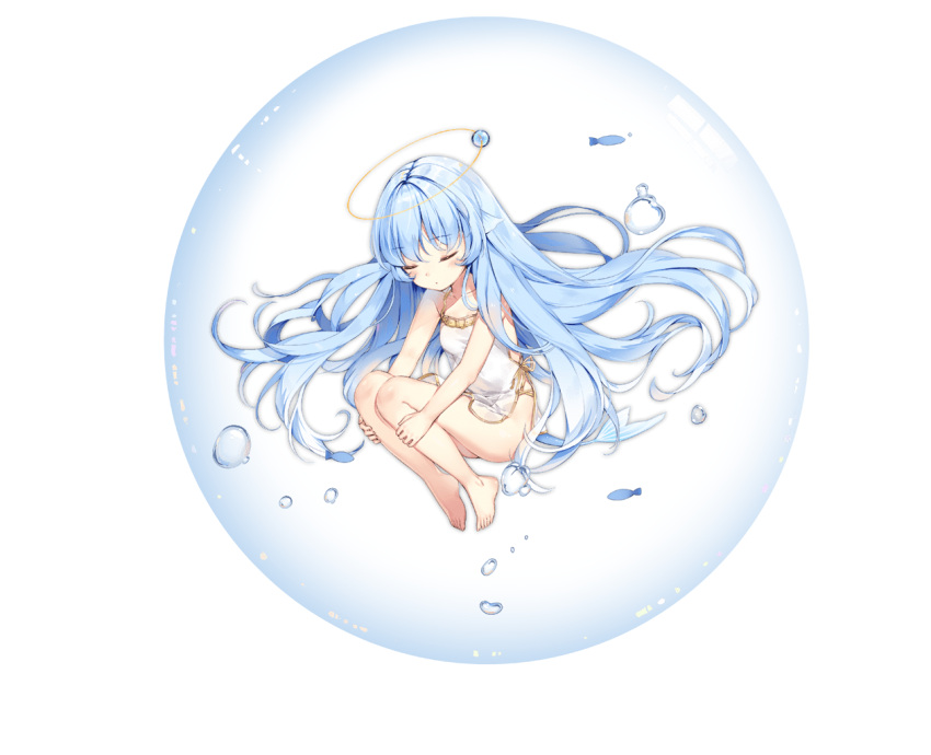 1girl anklet ark_order bare_legs barefoot blue_hair bubble dress fish full_body half-closed_eyes halo head_fins hugging_own_legs jewelry kuen_(ark_order) looking_at_viewer maya_g official_art side_slit solo tachi-e transparent_background water white_dress yellow_eyes