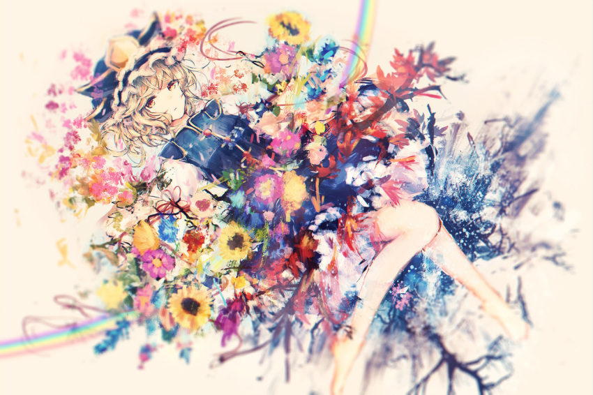 1girl :&lt; autumn_leaves bare_legs barefoot blonde_hair blue_flower blue_headwear blue_vest branch cherry_blossoms closed_mouth commentary flower frilled_hat frills hat ice looking_at_viewer lying on_back orange_eyes pink_flower rainbow red_ribbon ribbon seasons shiki_eiki shirt short_hair simple_background snow sunflower tonan_(l0l0l0l0l0l) touhou vest white_background white_shirt yellow_flower