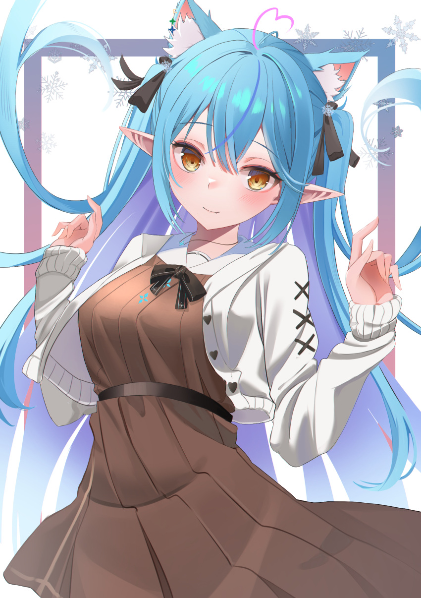 1girl ahoge animal_ear_fluff animal_ears bangs black_bow black_bowtie blue_hair blush bow bowtie breasts brown_dress cardigan cat_ears closed_mouth colored_inner_hair dress elf extra_ears eyebrows_visible_through_hair hair_between_eyes heart_ahoge highres hololive jewelry long_hair lookhow looking_at_viewer medium_breasts multicolored_hair necklace pink_hair pleated_dress pointy_ears purple_hair sailor_collar sailor_dress short_dress smile solo streaked_hair two_side_up very_long_hair virtual_youtuber w_arms white_cardigan white_sailor_collar yellow_eyes yukihana_lamy