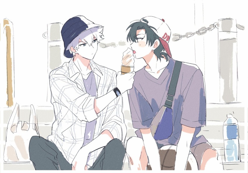 2boys backwards_hat bag ball baseball_cap basketball black_hair black_headwear black_pants bottle bucket_hat chain cheng_xiaoshi closed_mouth commentary_request eating food grey_eyes hat highres holding holding_ball holding_food ice_cream ice_cream_cone licking lu_guang male_focus mr_yheu multiple_boys open_clothes open_mouth open_shirt pants purple_shirt shiguang_dailiren shirt short_hair short_sleeves shorts simple_background sitting tongue tongue_out water_bottle white_background white_hair white_headwear white_shirt