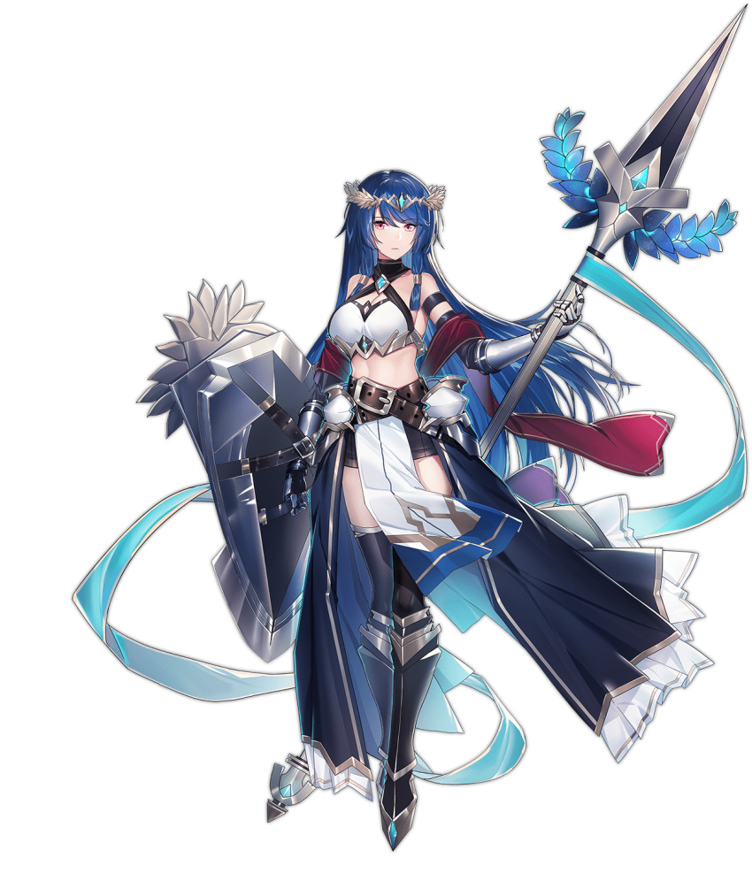 1girl ark_order armor armored_boots athena_(ark_order) bangs belt black_footwear black_legwear black_shorts blue_hair boots echj full_body gauntlets highres holding holding_polearm holding_shield holding_weapon laurel_crown long_hair looking_at_viewer official_art pelvic_curtain polearm red_eyes shield shorts sidelocks solo sparkle spear standing tachi-e tank_top thigh-highs transparent_background very_long_hair weapon white_tank_top