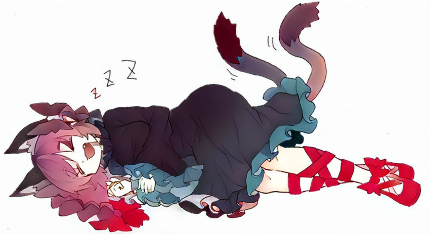 1girl :d animal_ear_fluff animal_ears black_bow black_dress bow braid breasts cat_ears cat_tail closed_eyes dress drooling extra_ears fang frills full_body hair_bow highres imcatscarlet kaenbyou_rin leg_ribbon long_sleeves lying multiple_tails nekomata on_side open_mouth petticoat pointy_ears red_footwear red_ribbon redhead ribbon simple_background sleeping small_breasts smile solo tail touhou twin_braids twintails two_tails white_background wide_sleeves zzz