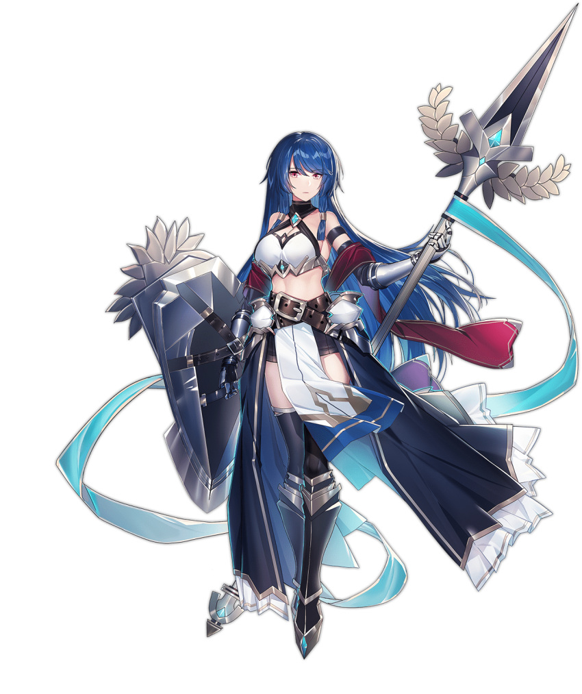 1girl ark_order armor armored_boots athena_(ark_order) bangs belt black_footwear black_legwear black_shorts blue_hair boots echj full_body gauntlets highres holding holding_polearm holding_shield holding_weapon long_hair looking_at_viewer official_art pelvic_curtain polearm red_eyes shield shorts sidelocks solo sparkle spear standing tachi-e tank_top thigh-highs transparent_background very_long_hair weapon white_tank_top