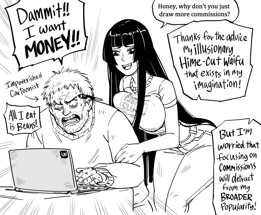 1boy 1girl absurdres artist_self-insert bb_(baalbuddy) black_hair breasts computer english_text facial_hair greyscale highres hime_cut laptop large_breasts long_hair monochrome original simple_background sitting speech_bubble stubble table white_background