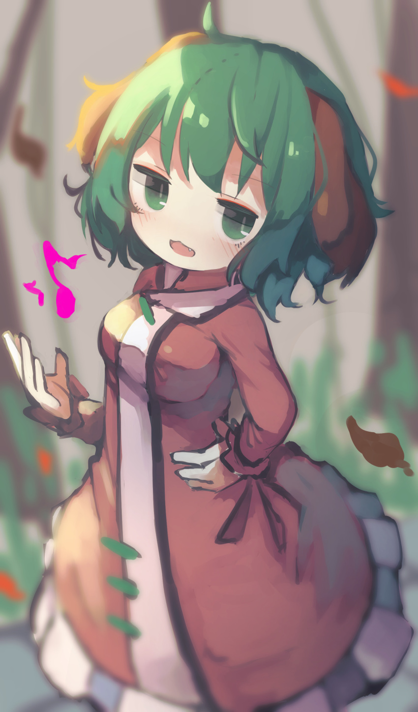 1girl absurdres animal_ears bangs blurry brown_dress chii_(tsumami_tsumamare) depth_of_field dog_ears dress eighth_note eyebrows_visible_through_hair fang green_eyes green_hair hand_on_hip highres kasodani_kyouko leaf long_sleeves looking_at_viewer musical_note open_mouth outdoors short_hair solo standing touhou tree