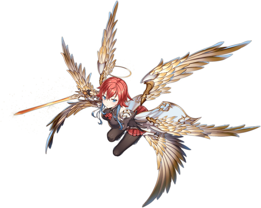1girl angel ark_order artist_request ascot bangs black_gloves black_legwear blue_eyes blue_hair breasts cross extra_eyes gabriel_(ark_order) gloves gold gold_trim halo holding holding_sword holding_weapon large_breasts long_sleeves looking_at_viewer multicolored_hair multiple_wings official_art pantyhose red_ascot red_skirt redhead seraph short_hair_with_long_locks sidelocks skirt solo sword tachi-e transparent_background two-tone_hair weapon white_wings wide_sleeves wings