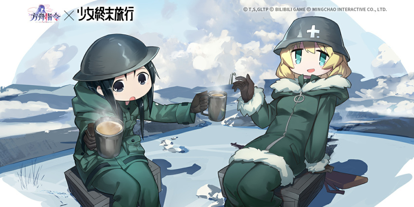 2girls ark_order artist_request black_eyes black_hair blonde_hair blue_eyes chito_(shoujo_shuumatsu_ryokou) coat coffee cup day eyebrows_visible_through_hair green_coat helmet holding holding_cup ice long_hair looking_at_viewer multiple_girls official_art open_mouth outdoors shoujo_shuumatsu_ryokou sitting yuuri_(shoujo_shuumatsu_ryokou)