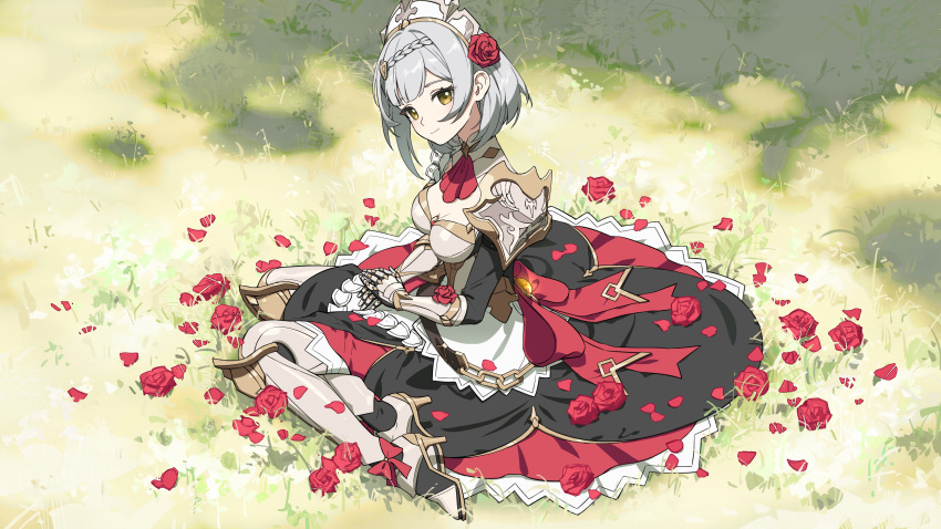 1girl absurdres armor armored_boots armored_dress ascot bangs black_dress boots braid chain closed_mouth commentary day dress eyebrows_visible_through_hair flower from_above full_body gauntlets genshin_impact grass grey_hair hair_flower hair_ornament hands_on_lap head_tilt high_heel_boots high_heels highres long_sleeves looking_at_viewer maid noelle_(genshin_impact) outdoors own_hands_together pauldrons petals rafaelaaa red_ascot red_dress red_flower red_rose rose shiny shiny_hair short_hair shoulder_armor sidelocks single_pauldron sitting smile solo sunlight tree_shade vision_(genshin_impact) white_headwear yellow_eyes yokozuwari