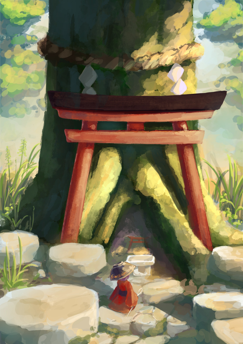 1girl absurdres bowl bowl_hat commentary day dress from_behind full_body grass hat highres holding holding_needle hyoutan_tan leaf minigirl needle obi outdoors pavement purple_hair red_dress rock rope sash shide shimenawa short_hair shrine solo standing sukuna_shinmyoumaru torii touhou tree