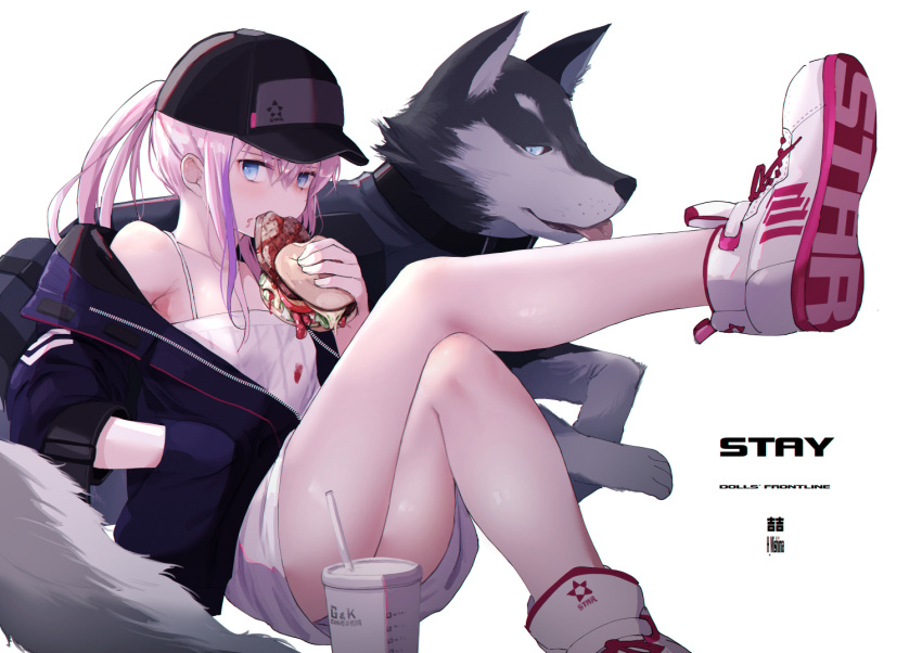 1girl animal blue_eyes blush burger dog drink eating flat_chest food girls_frontline hand_in_jacket hat jacket long_hair looking_at_viewer mishima_hiroji pink_hair ponytail shoes simple_background sneakers solo st_ar-15_(girls'_frontline) white_background