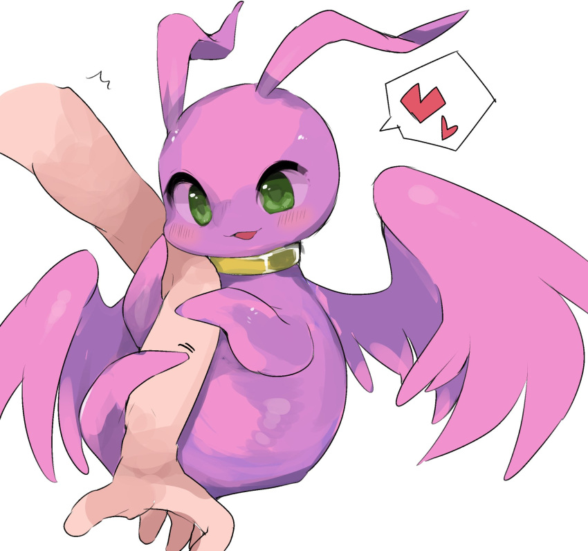 arm_hug blush colored_skin cross-eyed digimon digimon_(creature) faceless green_eyes heart highres marineangemon non-web_source pink_skin pink_wings smile solo_focus source_request speech_bubble wings yellow_collar