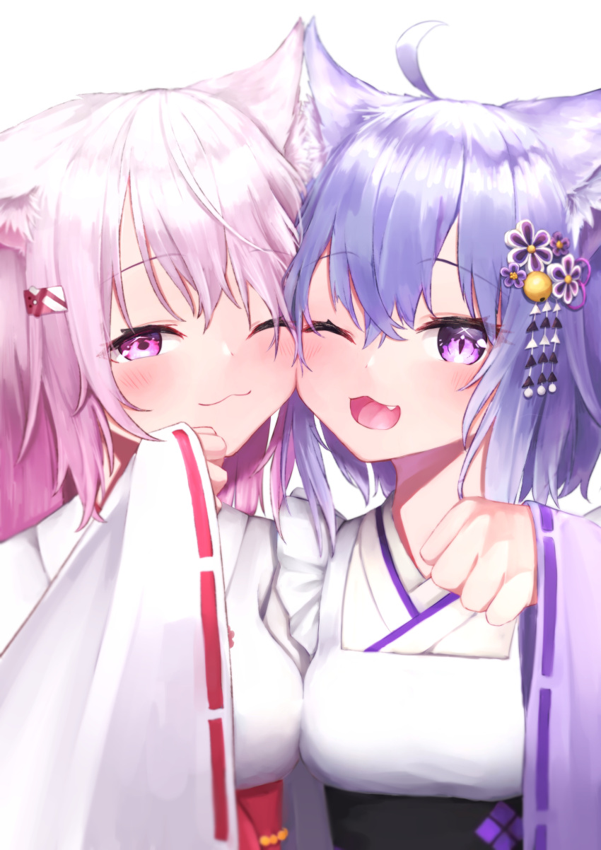 :3 absurdres ahoge animal_ears apron blush cat_ears cheek-to-cheek clenched_hand fang flower hair_flower hair_ornament hairclip heads_together highres hololive japanese_clothes kimono light_purple_hair long_sleeves looking_at_viewer nanome_to nekomata_okayu nijisanji obi official_alternate_costume one_eye_closed open_mouth pink_eyes pink_hair ribbon-trimmed_sleeves ribbon_trim sash shiina_yuika short_hair side-by-side simple_background upper_body violet_eyes wa_maid white_apron white_background white_kimono wide_sleeves