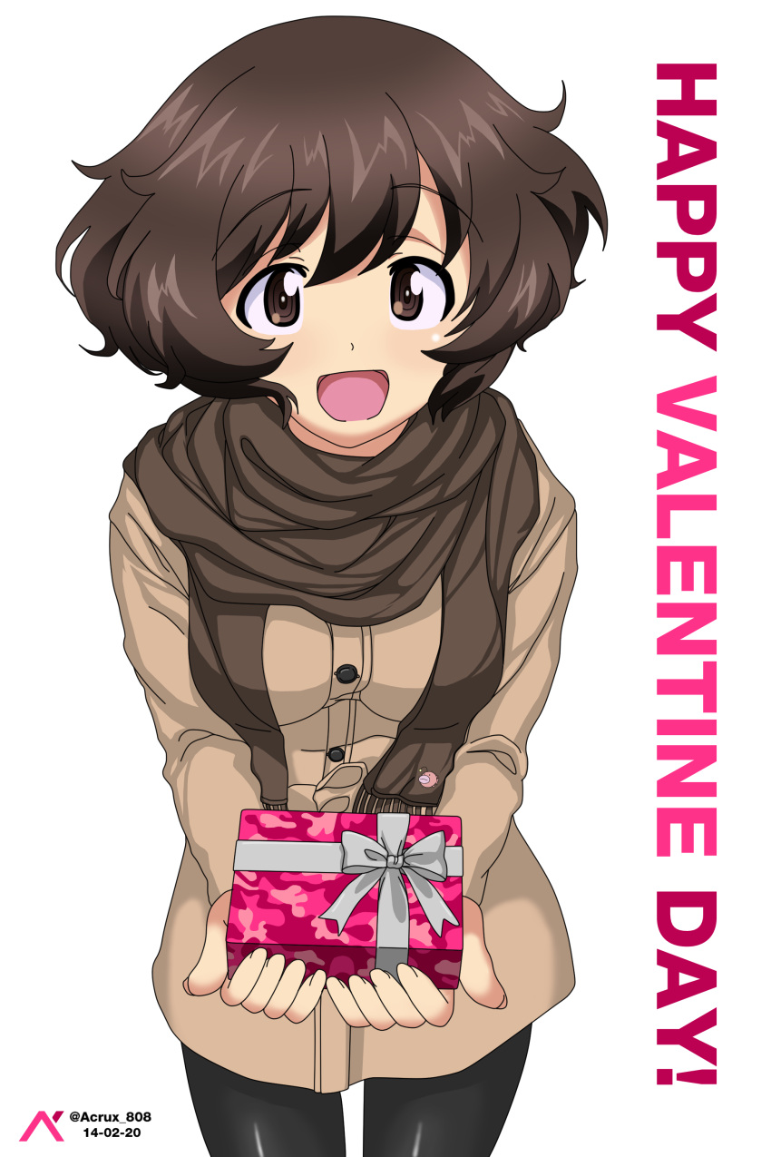 1girl :d absurdres acrux akiyama_yukari anglerfish artist_logo bangs black_pants black_scarf brown_coat brown_eyes brown_hair casual coat commentary_request dated emblem english_commentary english_text eyebrows_visible_through_hair fringe_trim girls_und_panzer giving happy_valentine highres long_sleeves looking_at_viewer messy_hair mixed-language_commentary open_mouth pants scarf short_hair simple_background smile solo standing twitter_username valentine white_background winter_clothes