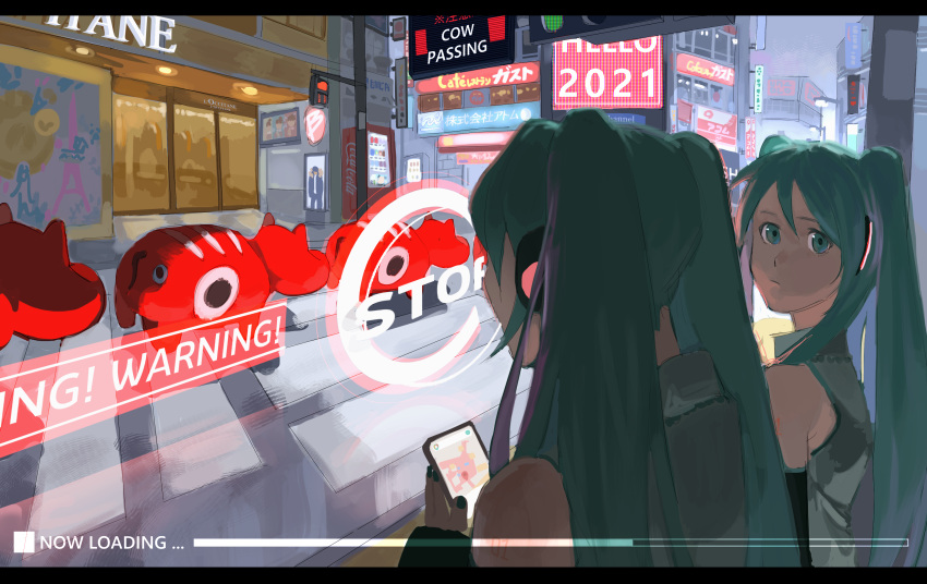 2021 2girls city clone green_eyes green_hair hatsune_miku highres holding holding_phone iq230230 long_hair looking_at_another looking_outside multiple_girls phone shop twintails vocaloid