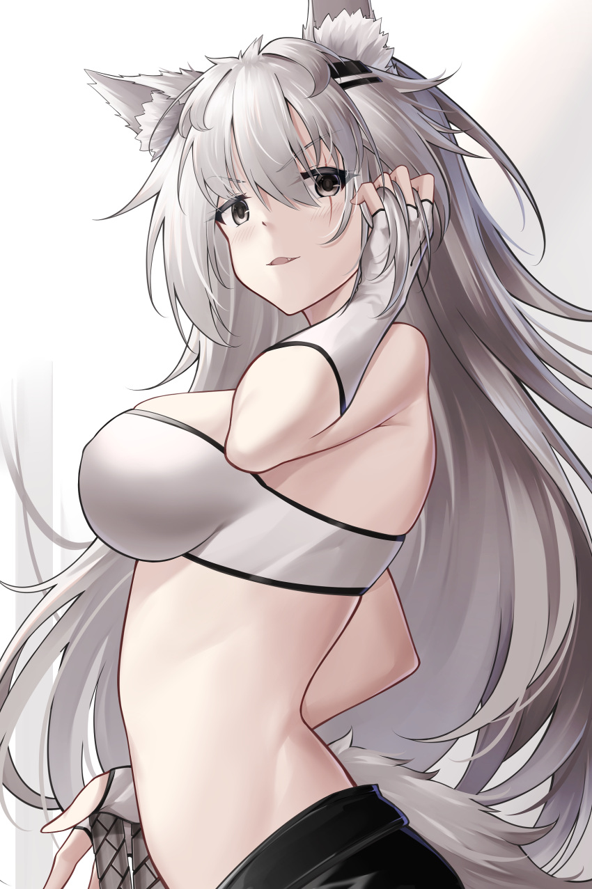 1girl absurdres animal_ear_fluff animal_ears arknights bandeau bangs bare_shoulders blush breasts commentary eyebrows_visible_through_hair fang fingerless_gloves gloves grey_eyes hair_ornament hairclip hand_up highres lappland_(arknights) large_breasts long_hair looking_at_viewer midriff parted_lips revision scar scar_across_eye silver_hair smile solo strapless tail tube_top upper_body v-shaped_eyebrows very_long_hair white_gloves wolf_ears wolf_tail yan_lie
