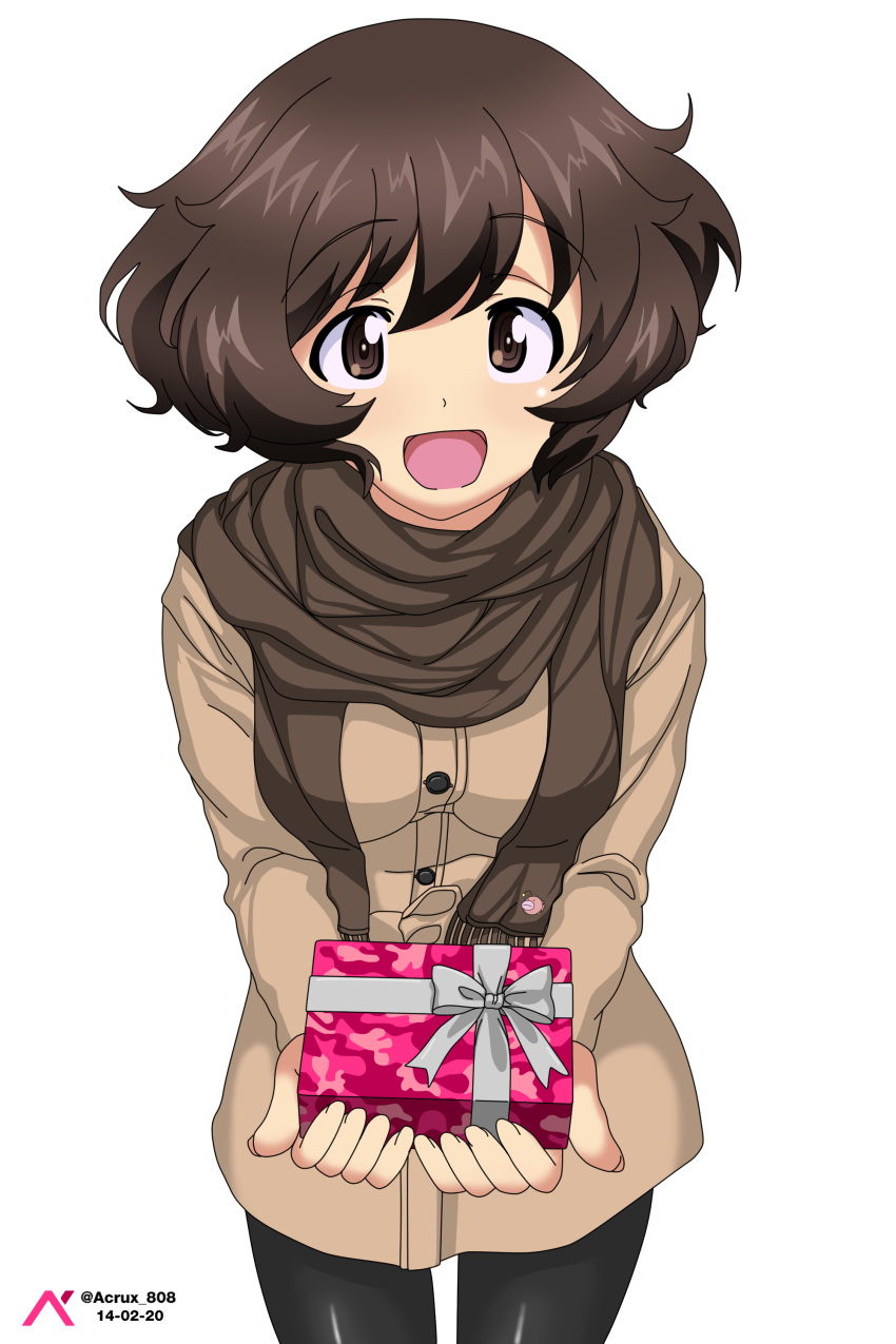 1girl :d absurdres acrux akiyama_yukari anglerfish artist_logo bangs black_pants black_scarf brown_coat brown_eyes brown_hair casual coat commentary_request dated emblem english_commentary eyebrows_visible_through_hair fringe_trim girls_und_panzer giving highres long_sleeves looking_at_viewer messy_hair mixed-language_commentary open_mouth pants scarf short_hair simple_background smile solo standing textless twitter_username valentine white_background winter_clothes