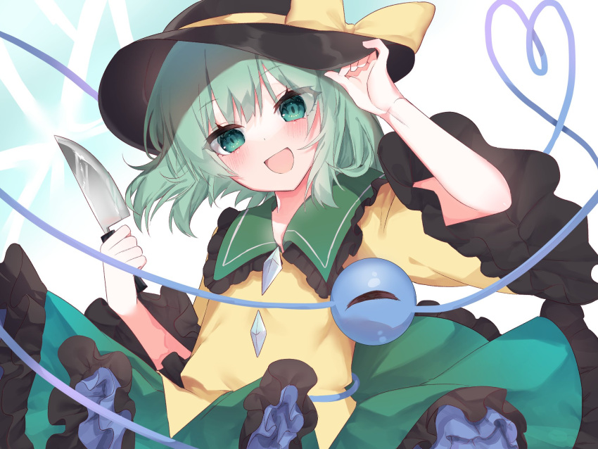 1girl :d arm_up bangs black_headwear blush bow buttons commentary_request diamond_button feet_out_of_frame fingernails flat_chest green_eyes hair_between_eyes hat hat_bow hat_ribbon heart heart-shaped_pupils heart_of_string highres holding holding_knife knife komeiji_koishi looking_at_viewer medium_hair open_mouth ribbon rori82li silver_hair smile solo symbol-shaped_pupils third_eye touhou yellow_bow yellow_ribbon
